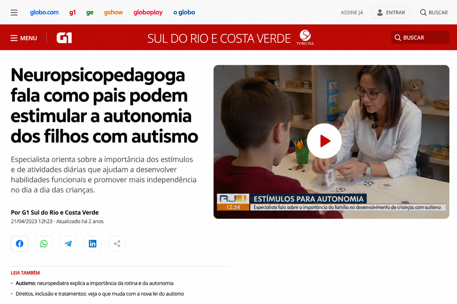 Reportagem sobre a importância dos estímulos dos pais na autonomia de crianças com autismo